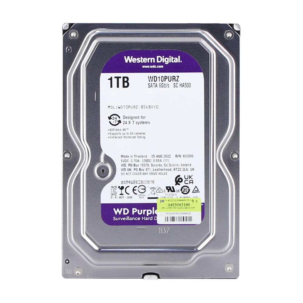 1 TB 3.5 INCH HDD (ฮาร์ดดิสก์ 3.5 นิ้ว) WD PURPLE - SATA3 (WD10PURZ)