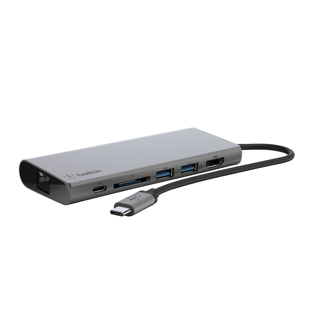 USB TYPE-C MULTIPORT ADAPTER (อุปกรณ์แปลงสัญญาณ) BELKIN USB-C MULTIMEDIA HUB (USB-A, USB-C, HDMI, LAN, SD CARD) (F4U092BTSGY)