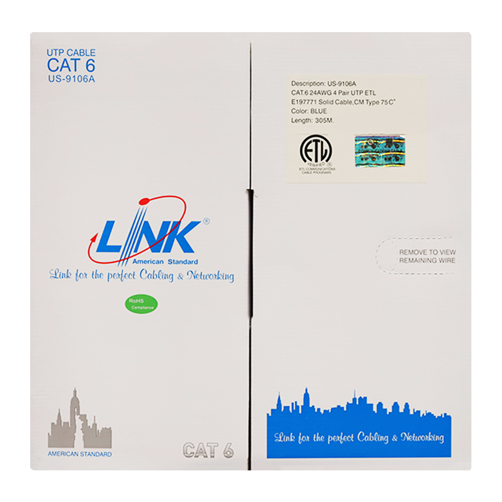 LAN CABLE (สายแลน) LINK (US-9106A) CAT 6 UTP 250MHz (305 M./BOX.) BLUE