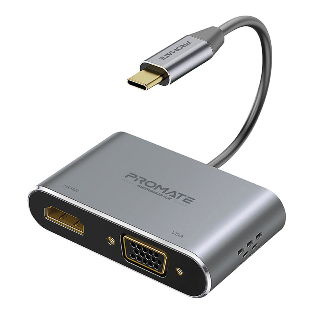 ADAPTER/CONVERTER (อุปกรณ์แปลงสัญญาณ) PROMATE USB-C TO HDMI 4K,VGA 1080p MEDIAHUB-C2