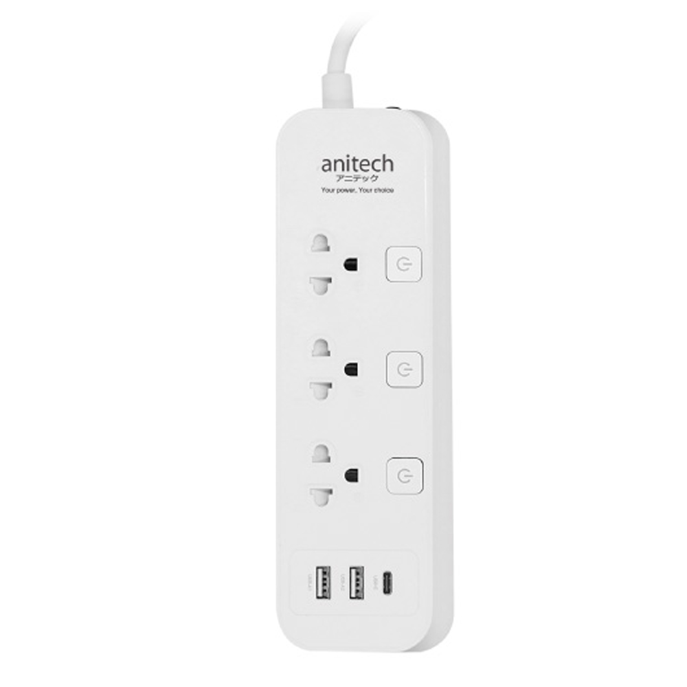 PLUG (ปลั๊กไฟ) ANITECH H5333-WH 3 SOCKET 3 SWITCH 2 USB 1 USB-C 3.0 METER