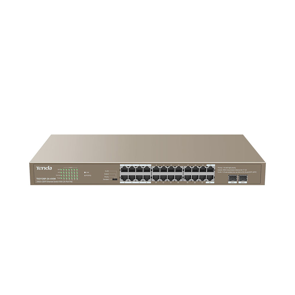 SWITCH (สวิตซ์) TENDA 24GE+2SFP ETHERNET SWITCH WITH 24-PORT POE (TEG1126P-24-410W)
