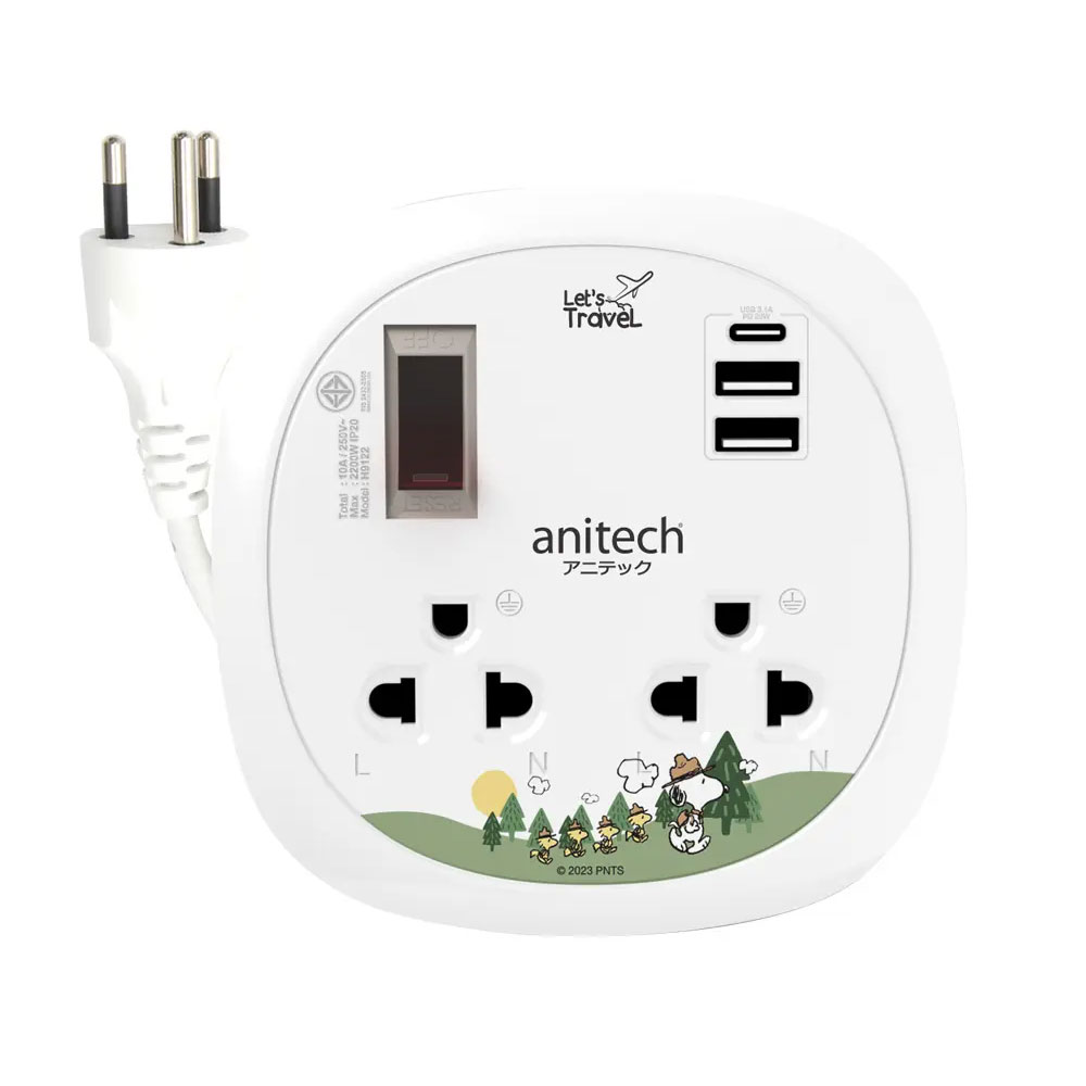 PLUG (ปลั๊กไฟ) ANITECH 2 SOCKET 2 USB+PD20W SNOOPY SNP-H9122 1M