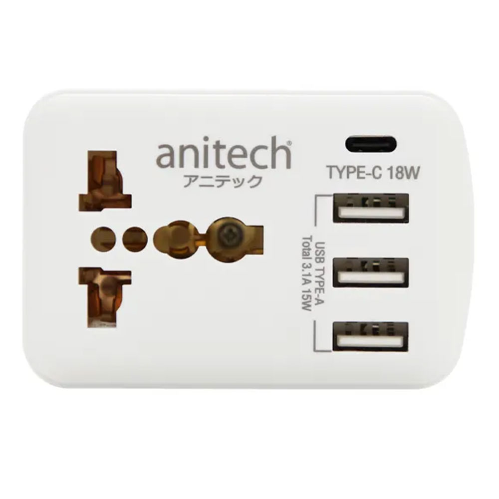TRAVEL ADAPTER (ตัวแปลงหัวปลั๊ก) ANITECH H108UC - 1 x OUTLET 3 x USB-A 1 x USB-C 2200W WHITE