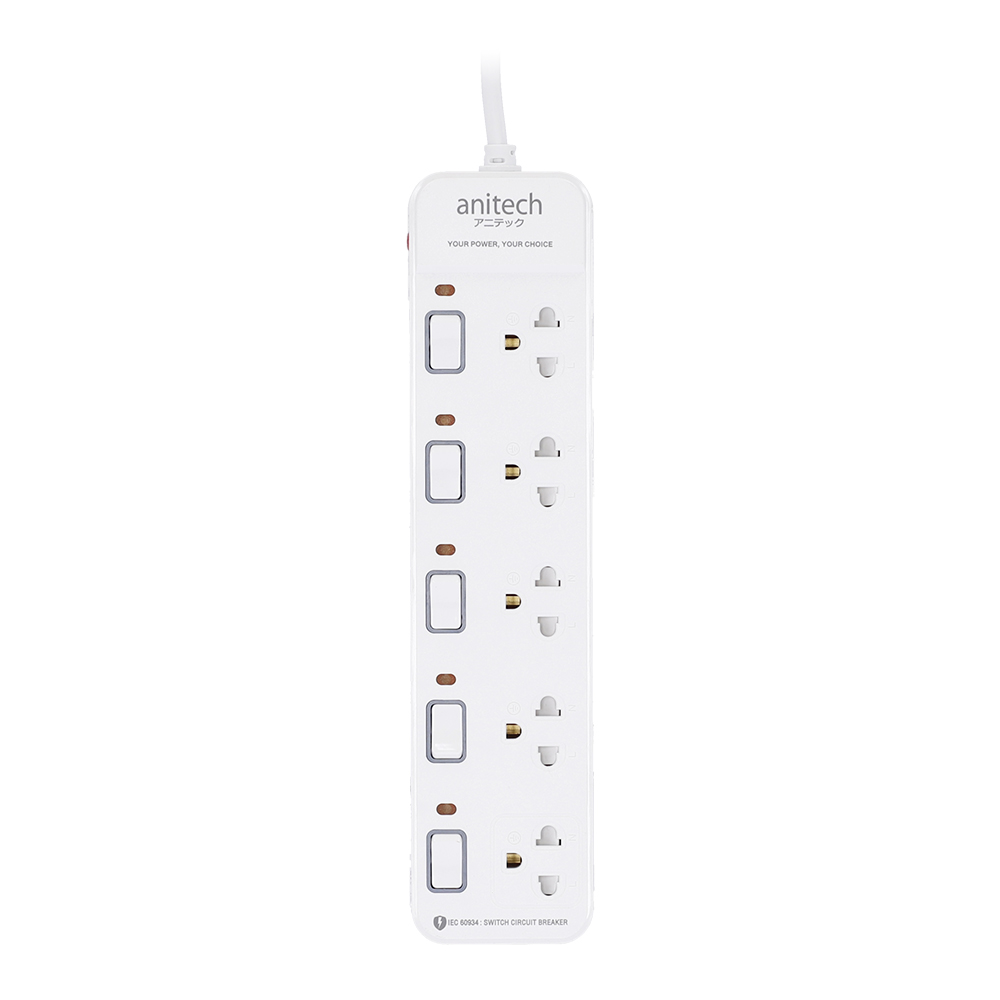PLUG (ปลั๊กไฟ) ANITECH 5 WAY 5 SWITCH [H2153-WH] 3M WHITE