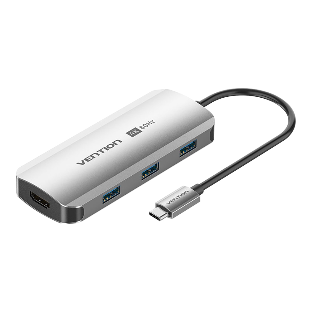 USB-C HUB (ยูเอสบีซีฮับ) VENTION USB-C TO HDMI/USB 3.0 X3/PD DOCKING STATION 0.15M GRAY ALUMINUM ALLOY TYPE (GRAY) (TQDHB)