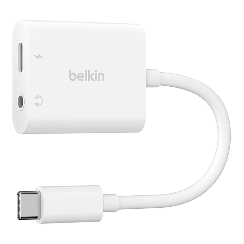 ADAPTER (อุปกรณ์แปลงสัญญาณ) BELKIN ROCKSTAR 3.5MM AUDIO + USB-C CHARGE ADAPTER (WHITE) (NPA004BTWH)