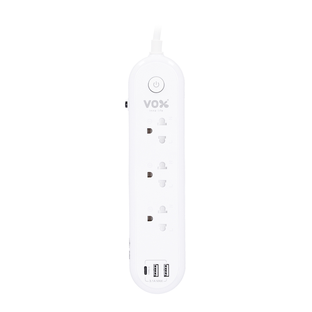 PLUG (ปลั๊กไฟ) VOX NOVA SERIES NL-131C - 3 SOCKET 1 SWITCH 2 USB-A 1 USB-C 3 METER 2500 WATT (WHITE)