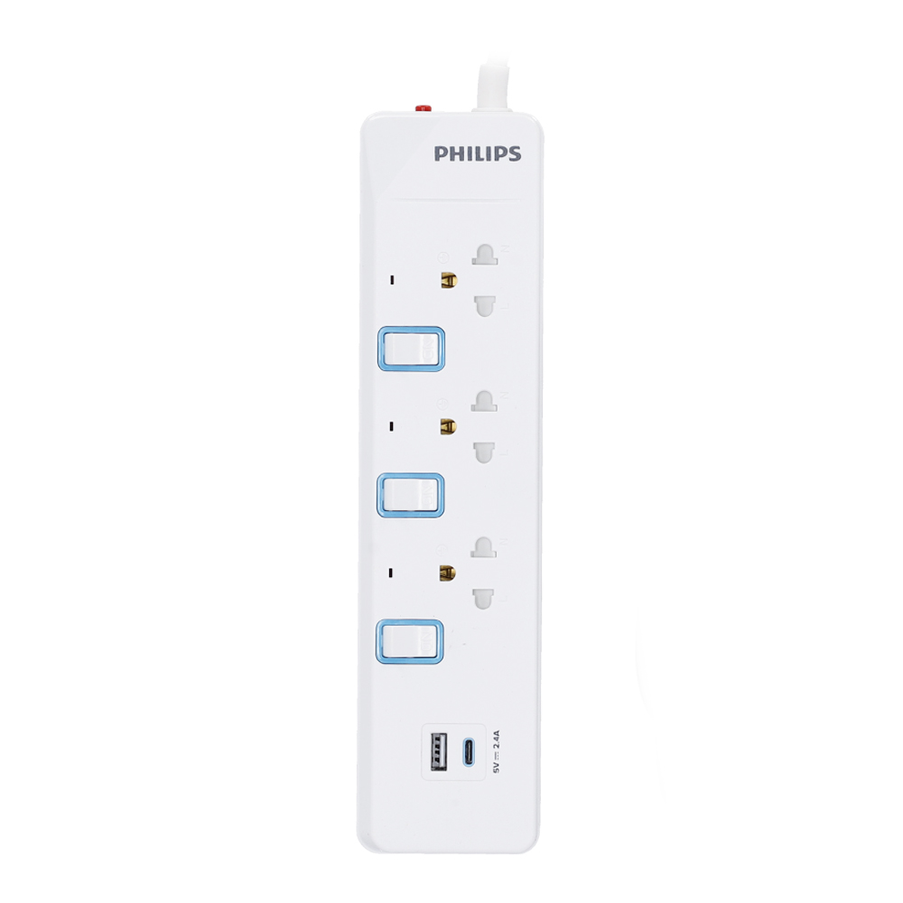 PLUG (ปลั๊กไฟ) PHILIPS 3 SOCKET 3 SWITCH 1 USB-C 1 USB-A 3 METER 2300 WATT (CHP4734WB)