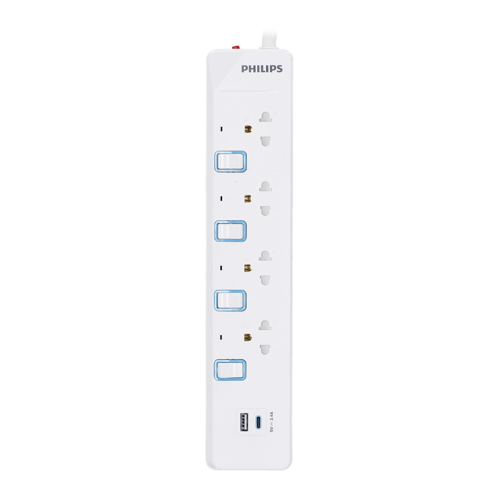 PLUG (ปลั๊กไฟ) PHILIPS 4 SOCKET 4 SWITCH 1 USB-C 1 USB-A 3 METER 2300 WATT (CHP4743WB)
