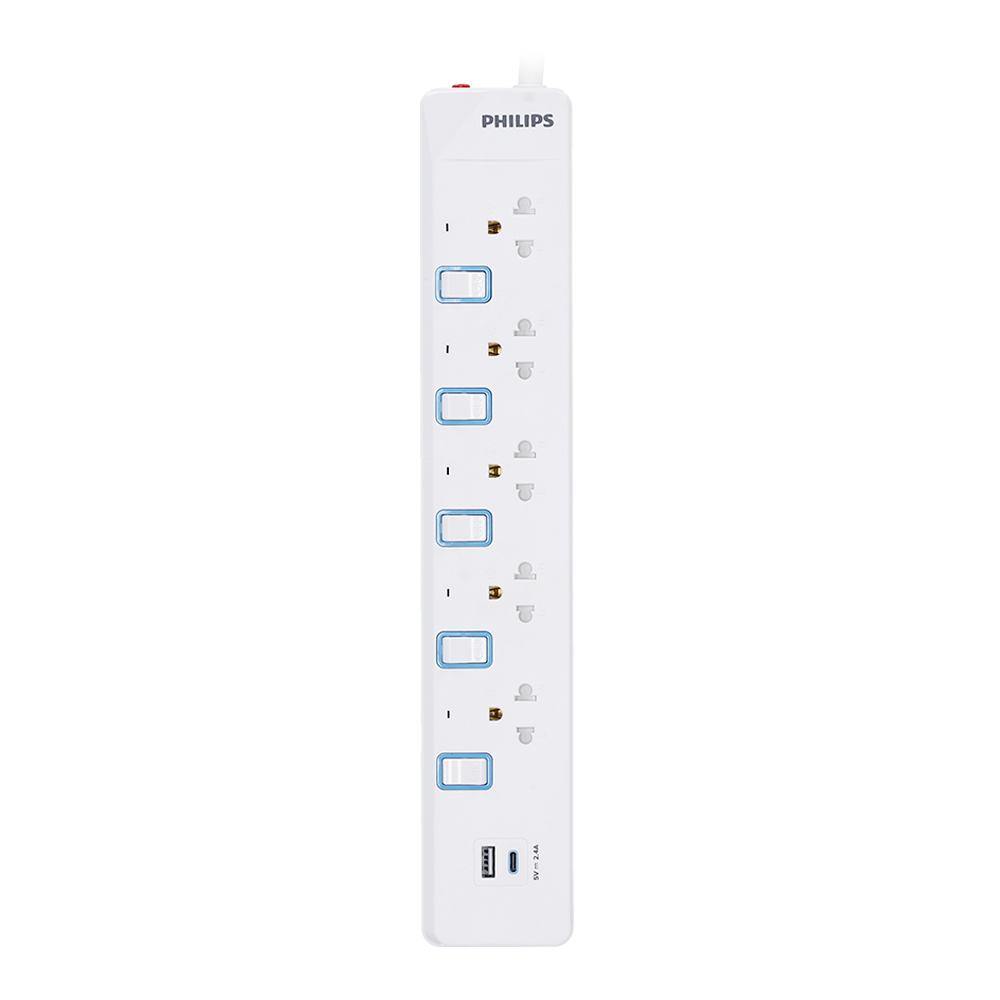 PLUG (ปลั๊กไฟ) PHILIPS 5 SOCKET 5 SWITCH 1 USB-A 1 USB-C 3 METER 2300 WATT (CHP4751WB)