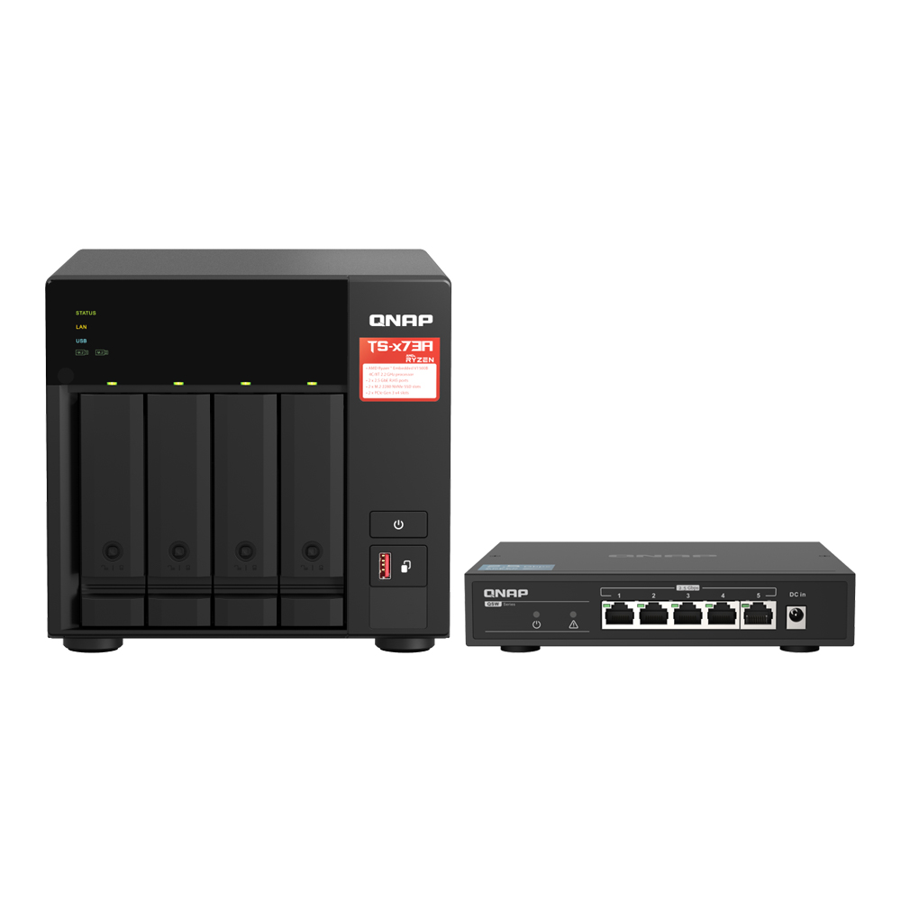NAS (อุปกรณ์จัดเก็บข้อมูลบนเครือข่าย) QNAP TS-473A-SW5T - (4 BAY - AMD RYZEN V1500B 4-CORE/8-THREAD 2.2 GHz - 8GB SODIMM DDR4 + 5PORTS 2.5GbE SWITCH)