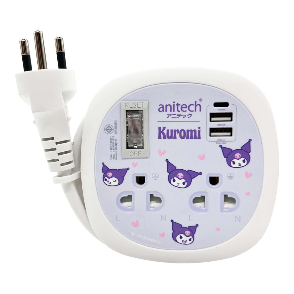 PLUG (ปลั๊กไฟ) ANITECH X SANRIO KU-H9122 - 2 SOCKET 1 SWITCH 2 USB-A 1 USB-C 1 METER 20 WATT (PURPLE)