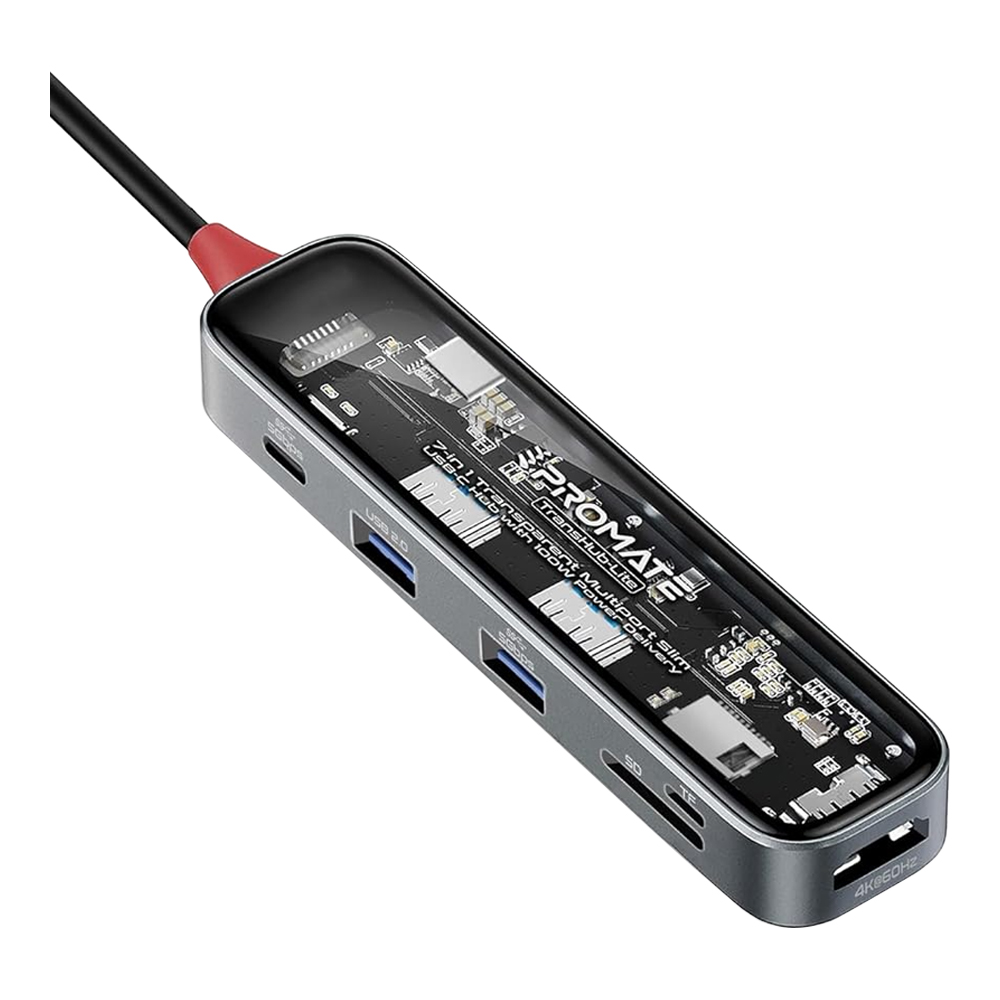 USB-C HUB (ยูเอสบีซีฮับ) PROMATE TRANSHUB-LITE - 7-IN 1 TRANSPARENT MULTIPORT