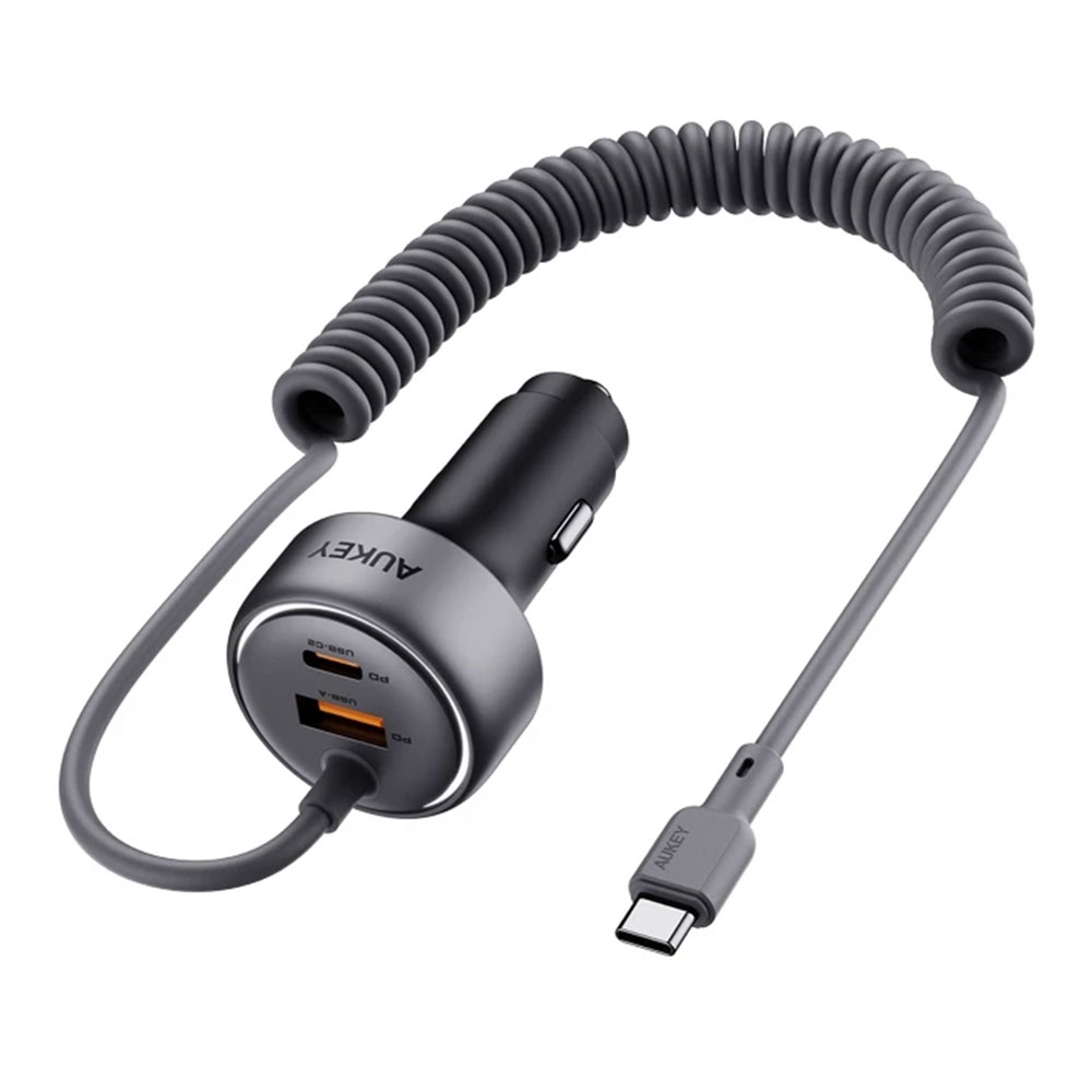 CAR ADAPTER CHARGER (ที่ชาร์จในรถยนต์) AUKEY PATHFINDER SLING 75W USB-A/USB-C FAST CHARGING WITH BUILT-IN-CABLE (CC-P2) (DARK GRAY)