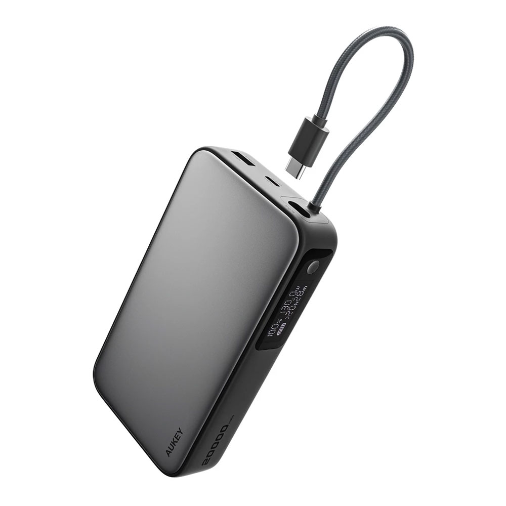 POWER BANK (พาวเวอร์แบงค์) AUKEY SPARK SLING COMPACT FAST CHARGING 20000mAh 130W (PB-Y48) WITH BUILT IN USB-C CABLE (DARK GRAY)