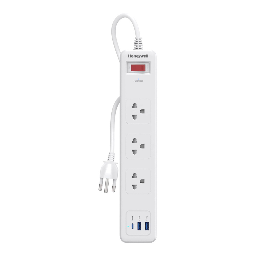 PLUG (ปลั๊กไฟ) HONEYWELL 3 OUTLET 1 SWITCH 1 USB-C 2 USB-A 1.8 METER 2500 WATT - WHITE (HC000038)