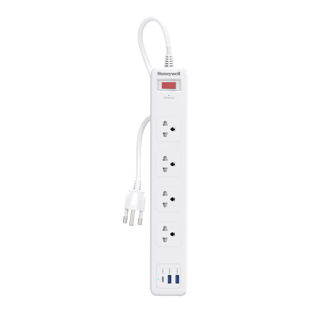 PLUG (ปลั๊กไฟ) HONEYWELL 4 OUTLET 1 SWITCH 1 USB-C 2 USB-A 1.8 METER 2500 WATT - WHITE (HC000043)