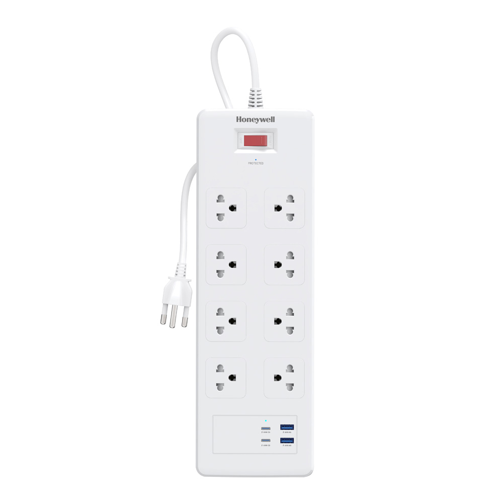 PLUG (ปลั๊กไฟ) HONEYWELL 8 OUTLET 1 SWITCH 2 USB-C 2 USB-A 1.8 METER 2500 WATT - WHITE (HC000053)
