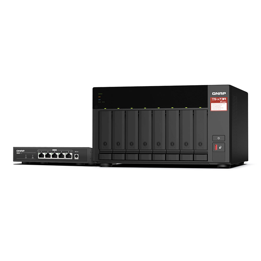 NAS (อุปกรณ์จัดเก็บข้อมูลบนเครือข่าย) QNAP TS-873A-SW5T 8-BAY - AMD RYZENV1000SERIES V1500B 4C/8T 2.2GHZ, 8GB DDR4RAM  + QSW-1105-5T BUNDLE PACK
