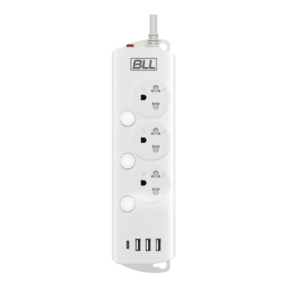 PLUG (ปลั๊กไฟ) BLL B88 3 OUTLET 3 SWITCH 1 USB-C 3 USB-A 3 METER 2300 WATT - WHITE