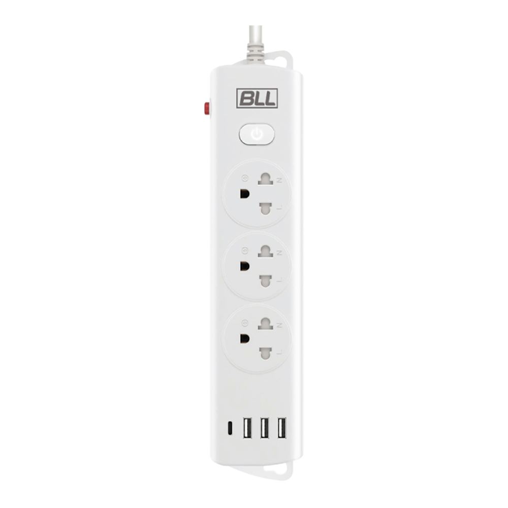 PLUG (ปลั๊กไฟ) BLL B89 3 OUTLET 1 SWITCH 1 USB-C 3 USB-A 3 METER 2300 WATT - WHITE