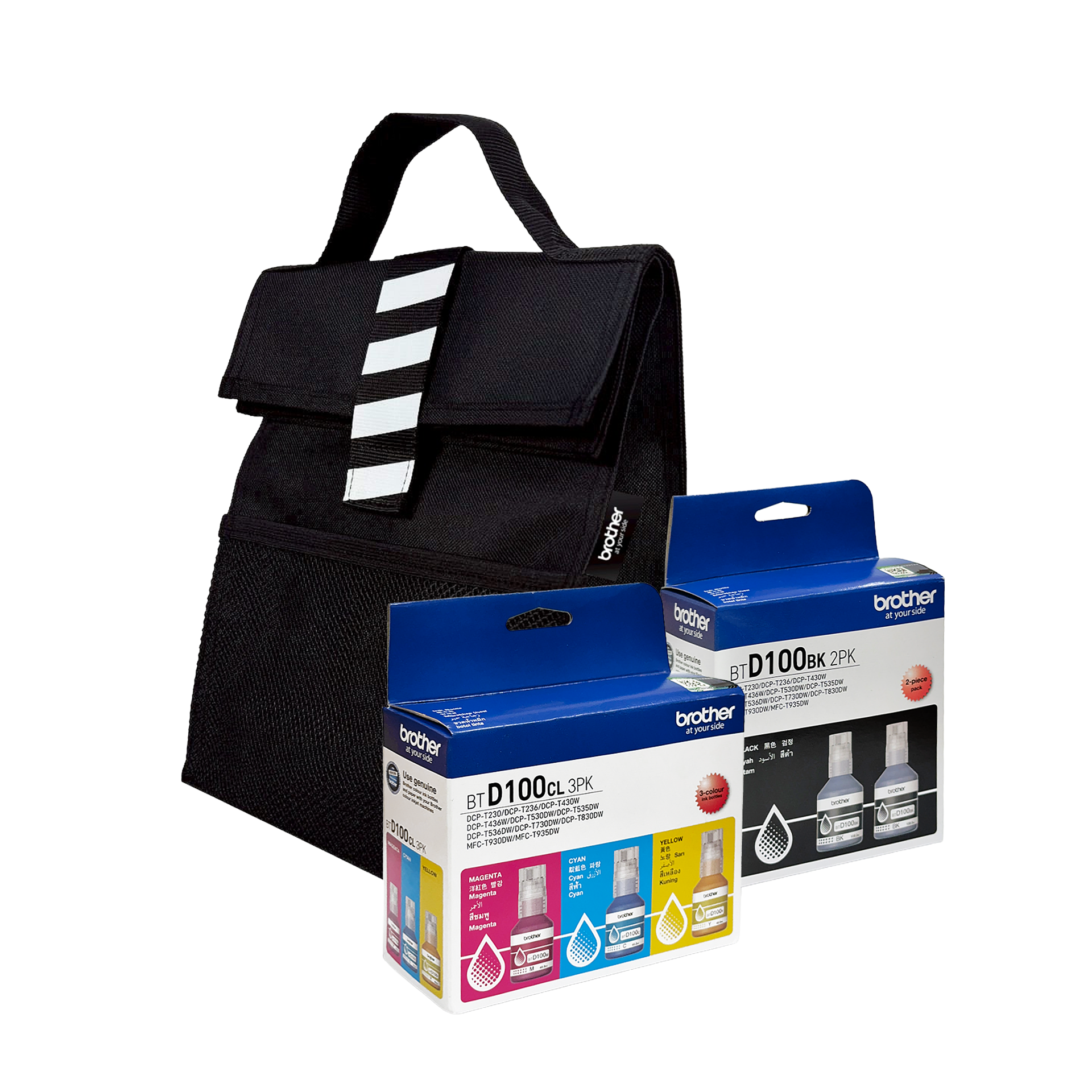 INK (หมึกสำหรับเครื่องพิมพ์) BROTHER BTD100CL3PK + BTD100BK2PK + BAG