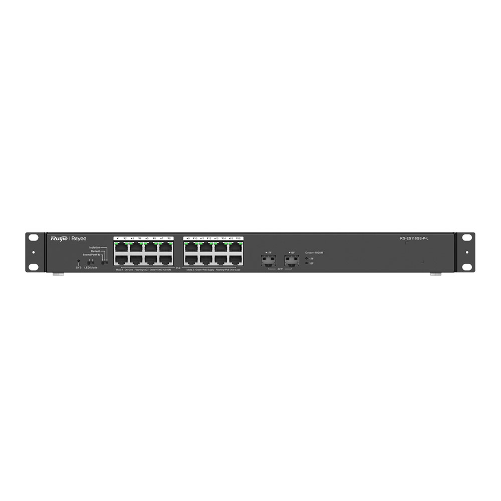 SWITCH (สวิตซ์) REYEE 16 PORT 2 GIGABIT SFP PORTS MAX POE POWER 248W - RG-ES118GS-P-L