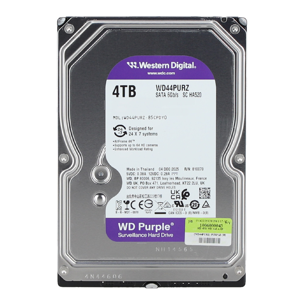 4 TB 3.5 INCH HDD (ฮาร์ดดิสก์ 3.5 นิ้ว) WD PURPLE - 128MB SATA3 WD44PURZ