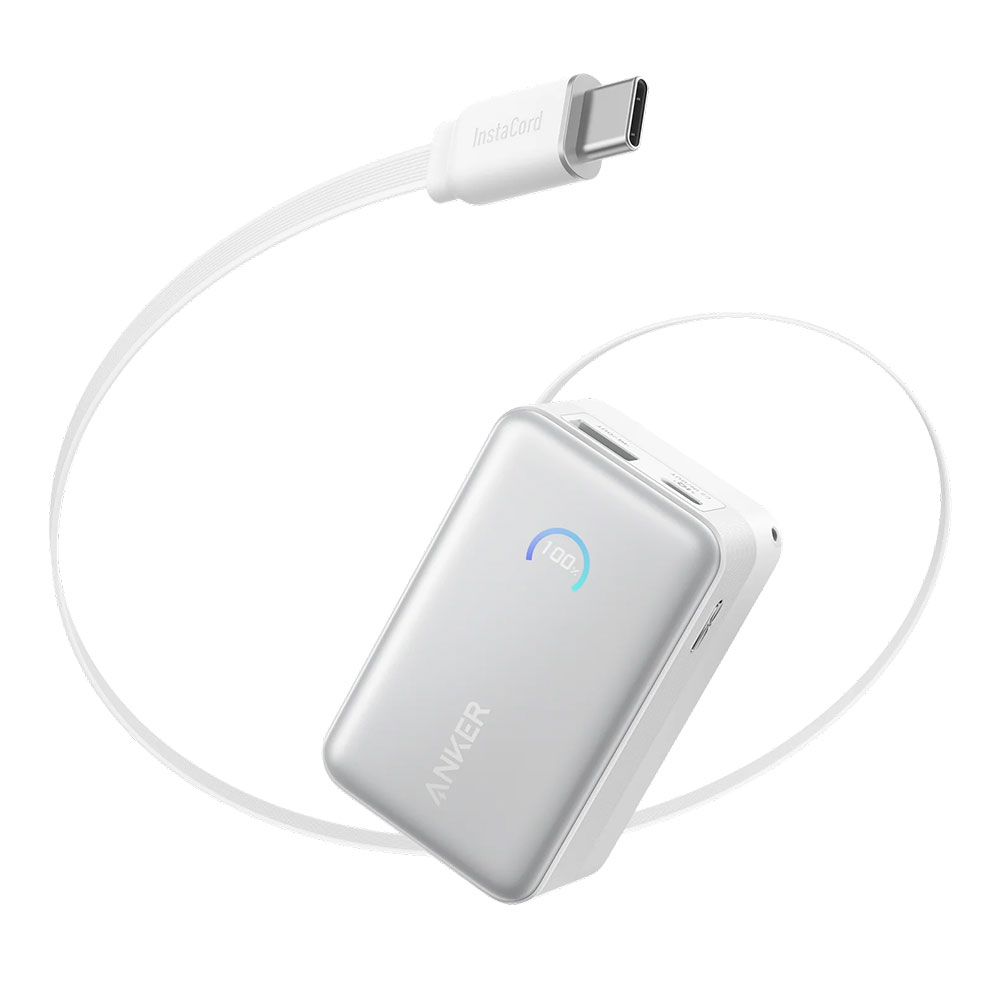 POWER BANK (พาวเวอร์แบงค์) ANKER NANO POWER BANK - 10K 45W BUILT-IN RETRACTABLE USB-C CABLE WHITE A1638H21