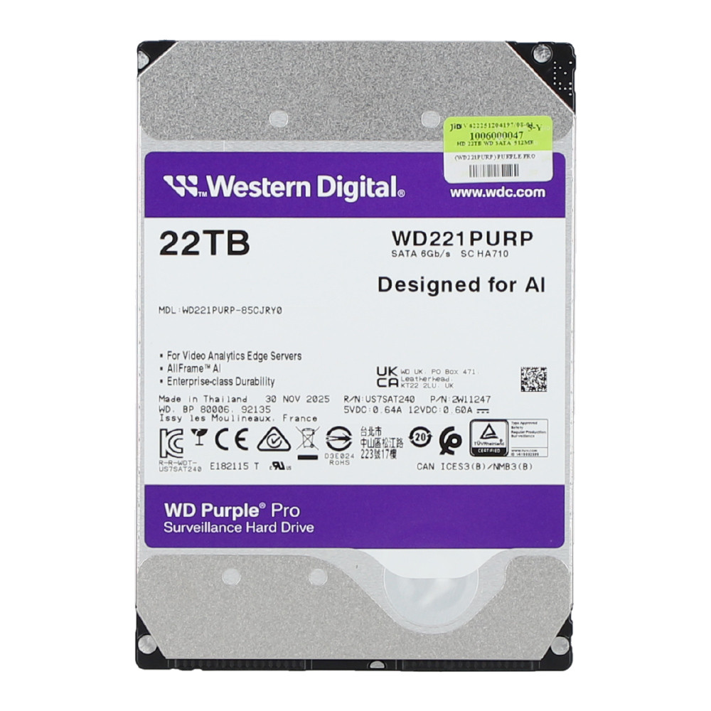 22 TB 3.5 INCH HDD (ฮาร์ดดิสก์ 3.5 นิ้ว) WD PURPLE PRO - 7200RPM 512MB SATA3 WD221PURP