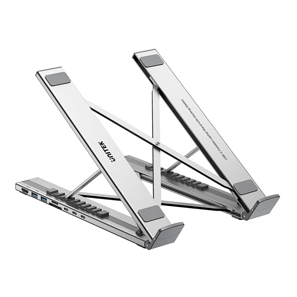 LAPTOP STAND (แท่นวางแล็ปท็อป) UNITEK D1137AGY01 - USB-C FOLDABLE LAPTOP STAND WITH DOCKING STATION SILVER