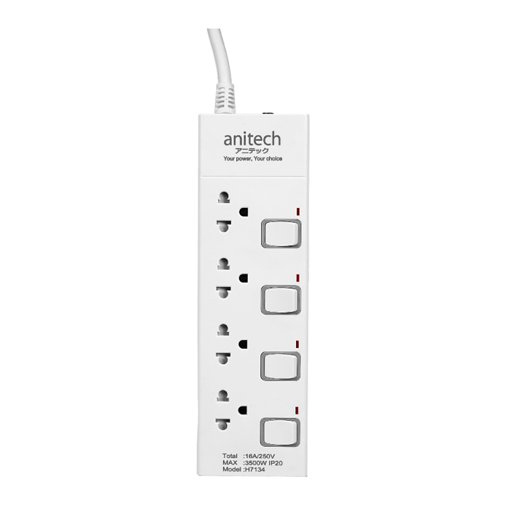 PLUG (ปลั๊กไฟ) ANITECH H7134 - 4 x OUTLET 4 x SWITCH 3M 3500W WHITE