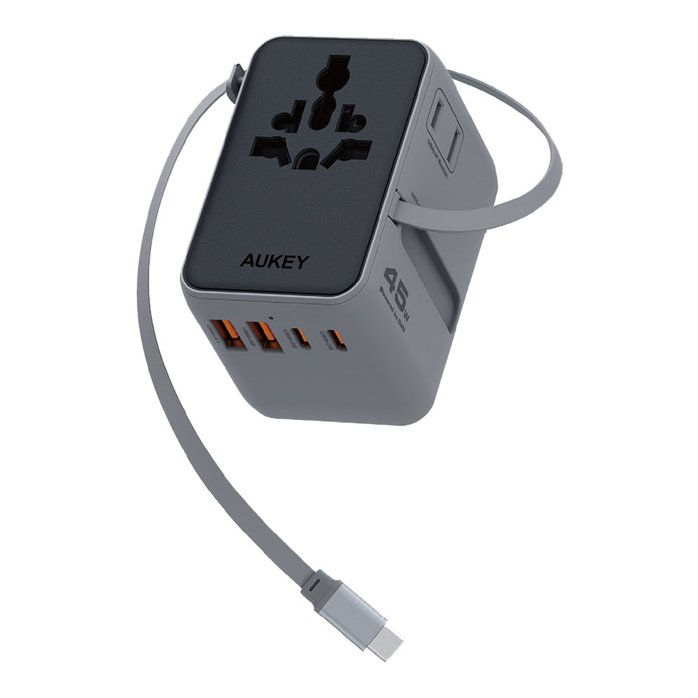 CHARGER (ที่ชาร์จ) AUKEY PA-TA13 - 45W UNIVERSAL WITH USB-C RETRACTABLE CABLE GRAY