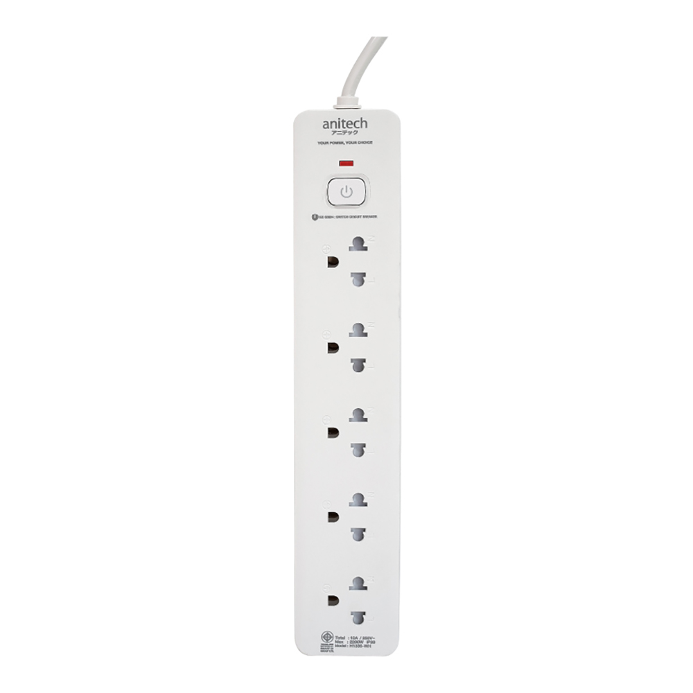 POWER STRIP (รางปลั๊กไฟ) ANITECH H1335-WH - 5 x OUTLET 1 x SWITCH 3M 2200W WHITE