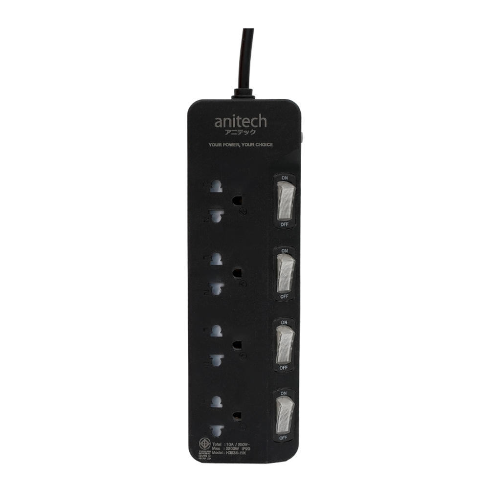 POWER STRIP (รางปลั๊กไฟ) ANITECH H3634-BK - 4 x OUTLET 4 x SWITCH 3M 2200W BLACK