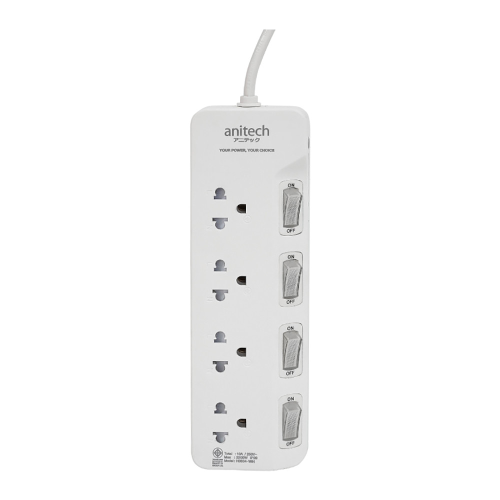 POWER STRIP (รางปลั๊กไฟ) ANITECH H3634-WH - 4 x OUTLET 4 x SWITCH 3M 2200W WHITE