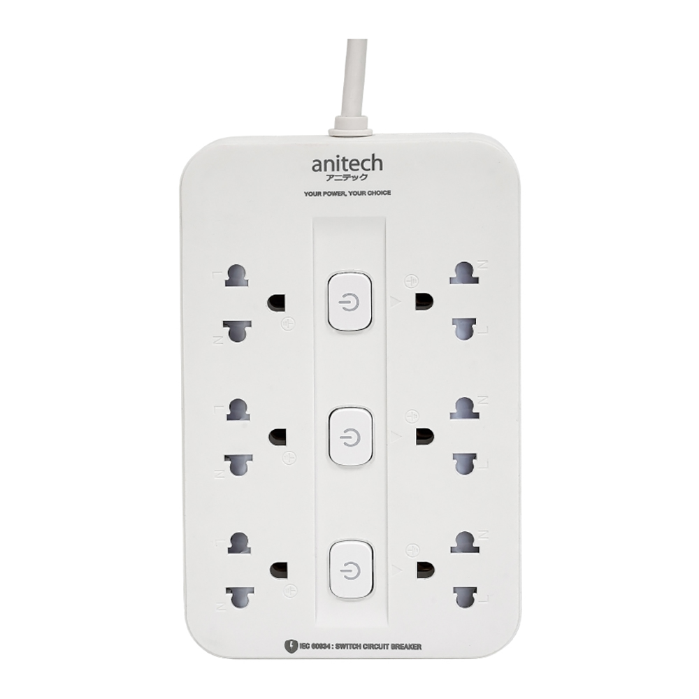 POWER STRIP (รางปลั๊กไฟ) ANITECH H536-WH - 6 x OUTLET 3 x SWITCH 3M 2200W WHITE