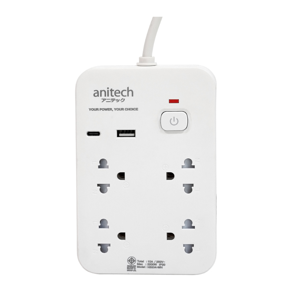 POWER STRIP (รางปลั๊กไฟ) ANITECH H5534-WH - 4 x OUTLET 1 x SWITCH 1 x USB-A 1 x USB-C 3M 2200W WHITE